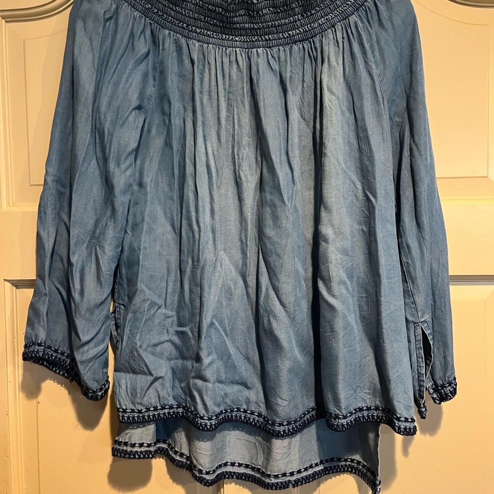 Dex Denim Blue Blouse with Embroidered Trim